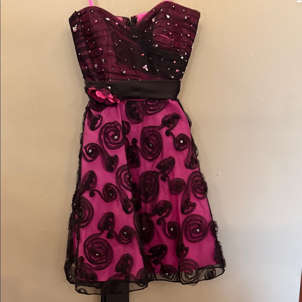 Mori Lee Fuchsia and Black Strapless Mini Dress with Rosette Embellishments
